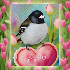 Junco Valentijn Heart Cute Tulip Garden Bird +Name Briefkaart