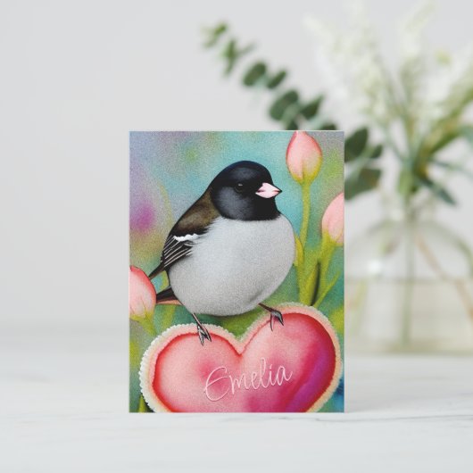Junco Valentijn Heart Cute Tulip Garden Bird +Name Briefkaart (Staand voorkant)
