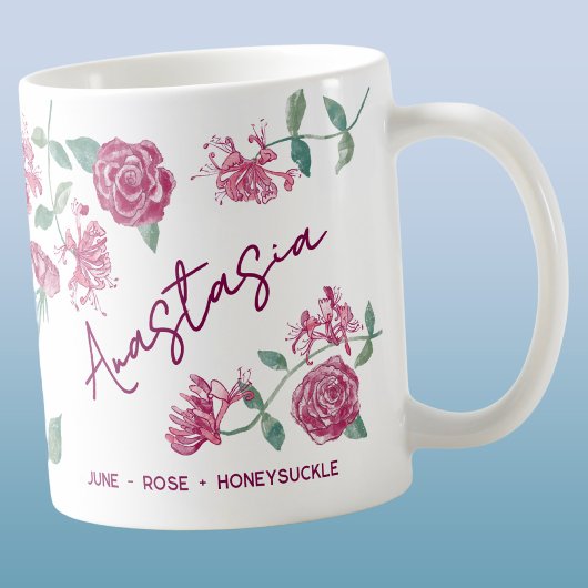 June Birth Flower Custom Name Rose Honeysuckle Koffiemok