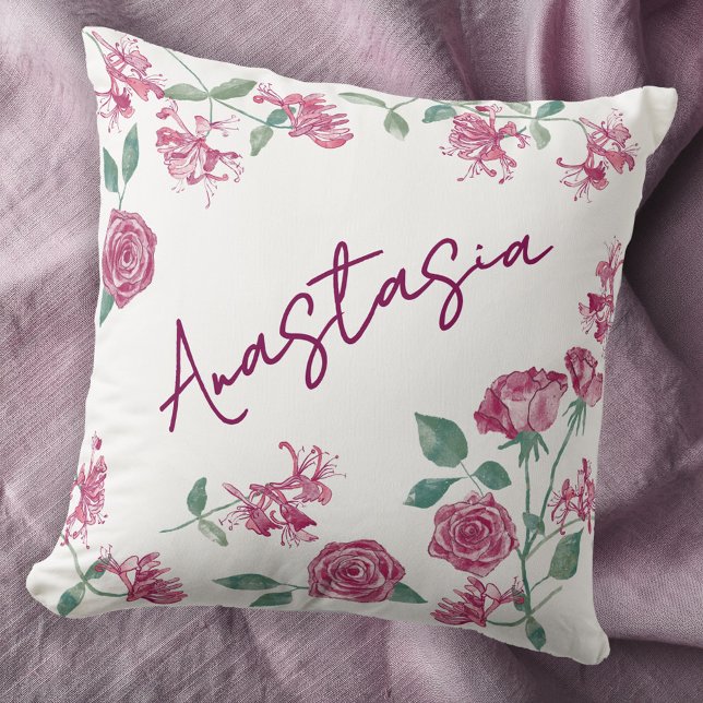 June Birth Month Honeysuckle Rose Personalized Kussen (June birthday personalized custom name birth month flower watercolor honeysuckle rose throw pillow)