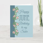 June Birthday Card for Sister: Dogroses op blauw Kaart<br><div class="desc">een  Zweedse zuster-kaart van juni met een rand van roze dogroses op een blauwe achtergrond met twee tinten; een deel van het collectie "Rosy Posy" in Posh & Painterly.</div>