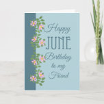 June Birthday Kaart for Friend: Dogroses on Blue<br><div class="desc">Een  Junilistan Kaart voor een Vriend,  met een grens van roze Dogroses op een blauwe achtergrond met twee tinten; deel van het collectie van Posh & Painterly "Rosy Posy".</div>