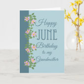 June Birthday Kaart, Grandmoeder: Dogroses on Blue Kaart (Gele Bloem)