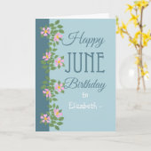 June Birthday Kaart to Personalize Dogroses on Blu (Gele Bloem)