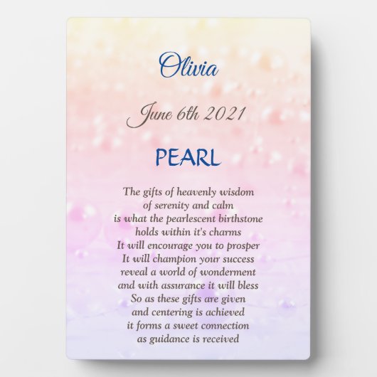 June Birthstone Pearl Tabletop Plaque met Easel Fotoplaat (voorkant)