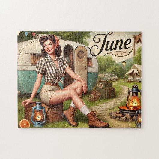 June Retro Summer Camping Pin-Up Girl  Legpuzzel (Horizontaal)