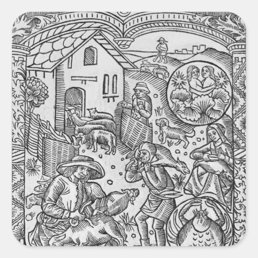 June, schapen scheren, Tweelingen Vierkante Sticker (Voorkant)