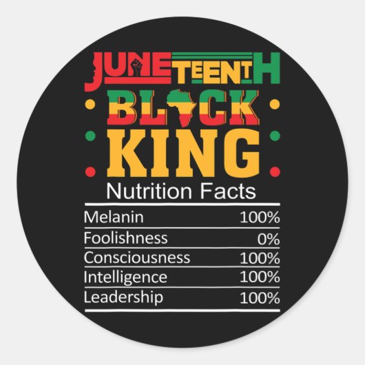 Juneteenth Black King Nutritional Facts Mannen Boy Ronde Sticker (Voorkant)