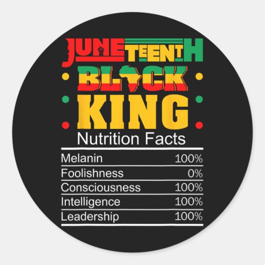 Juneteenth Black King Nutritional Facts Pride Afri Ronde Sticker (Voorkant)