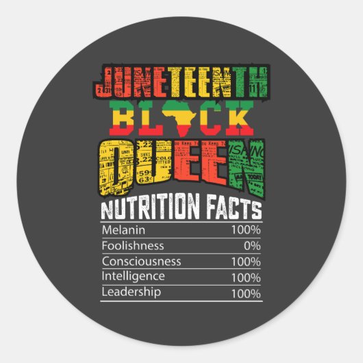 Juneteenth Black Queen Nutrition Facts Ronde Sticker (Voorkant)