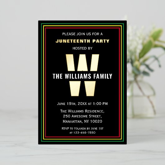 Juneteenth Celebration Party name Monogram Folie Uitnodiging (Staand Voorkant)