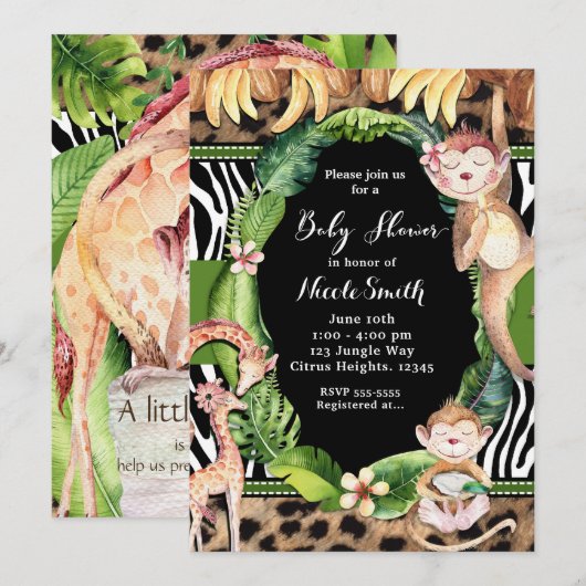Jungle Aap en Giraffe Baby Shower Uitnodigingen (Voorkant / Achterkant)