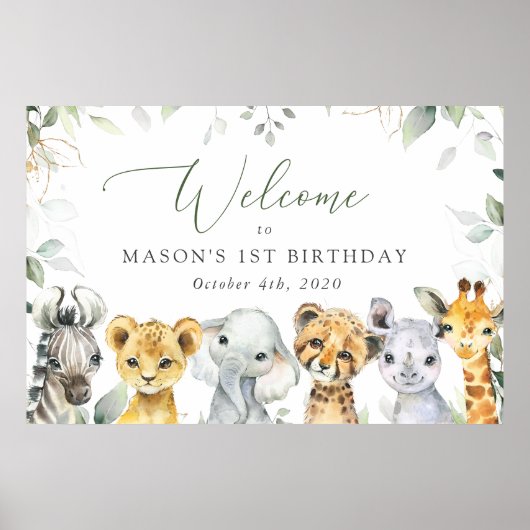 Jungle Animals, Safari, First Birthday Welcome Poster (Voorkant)
