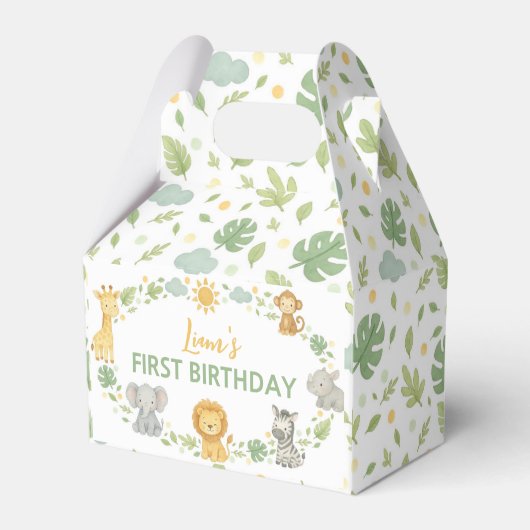 Jungle Animals Safari Wild One Birthday Favor Box Bedankdoosjes (Voorkant Zijde)