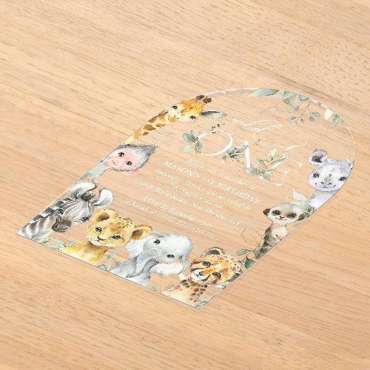Jungle Animals, Safari, Wild One, First Birthday Acryl Uitnodigingen (Laagn)
