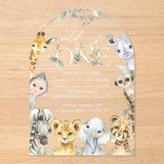 Jungle Animals, Safari, Wild One, First Birthday Acryl Uitnodigingen (Voorkant)