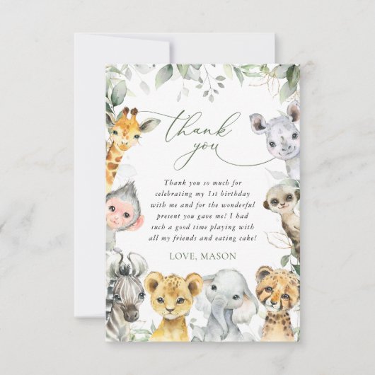 Jungle Animals, Safari, Wild One, First Birthday Bedankkaart (Voorkant)