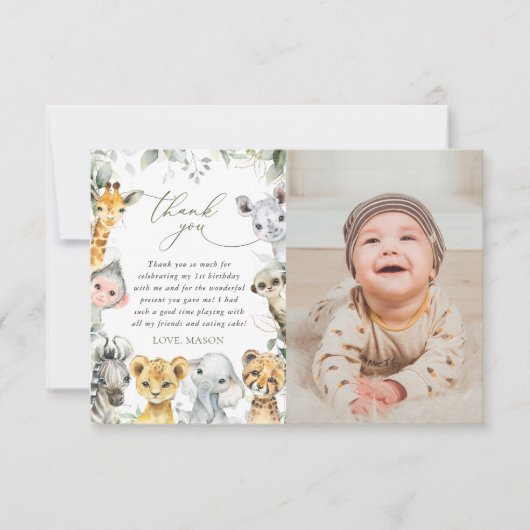 Jungle Animals, Safari, Wild One, First Birthday Bedankkaart (Voorkant)