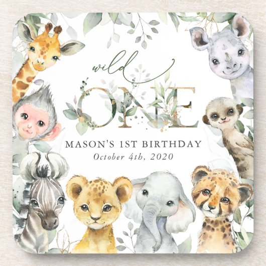 Jungle Animals, Safari, Wild One, First Birthday Bier Onderzetter (Voorkant)