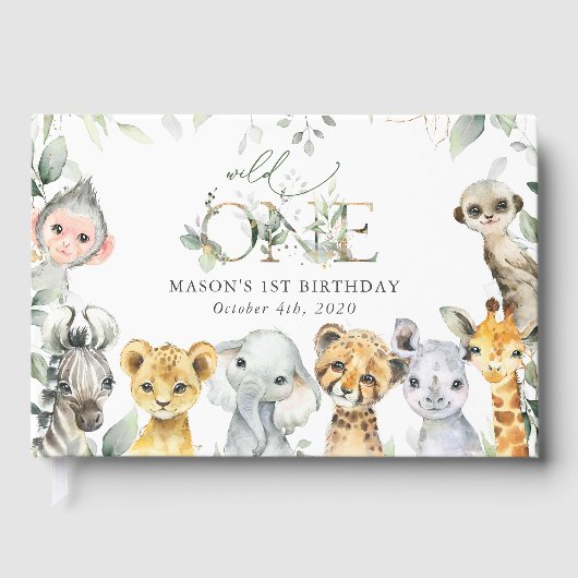 Jungle Animals, Safari, Wild One, First Birthday Gastenboek (Voorkant)