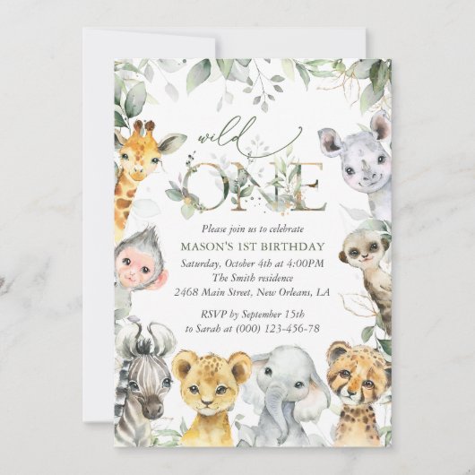 Jungle Animals, Safari, Wild One, First Birthday Kaart (Voorkant)