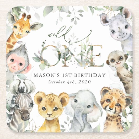 Jungle Animals, Safari, Wild One, First Birthday Kartonnen Onderzetters (Voorkant)