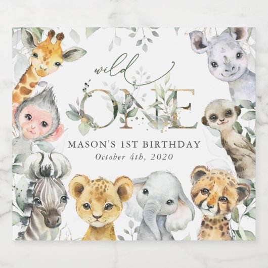 Jungle Animals, Safari, Wild One, First Birthday Sparkling Wijnetiket (Enkel label)