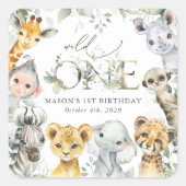 Jungle Animals, Safari, Wild One, First Birthday Vierkante Sticker (Voorkant)