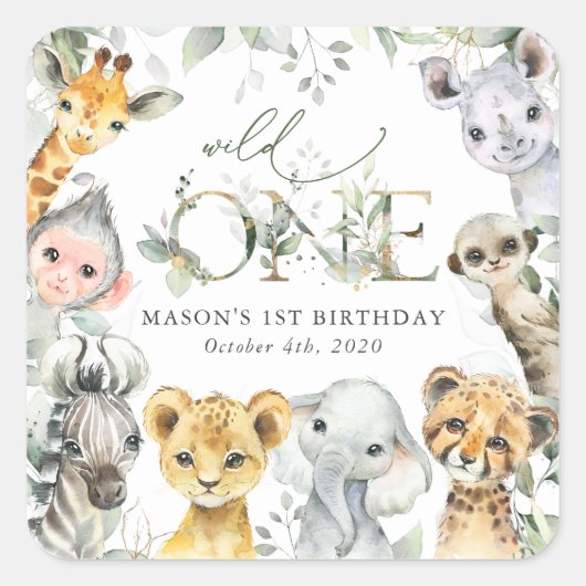 Jungle Animals, Safari, Wild One, First Birthday Vierkante Sticker (Voorkant)