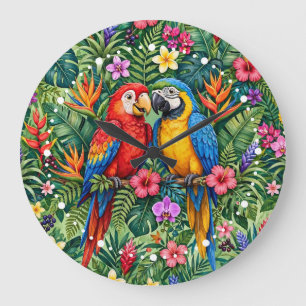 Jungle Ara's Vrolijke Papegaaien Levendige Bloemen Grote Klok