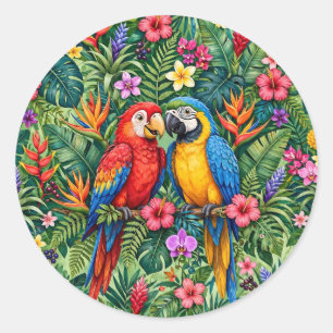 Jungle Ara's Vrolijke Papegaaien Levendige Bloemen Ronde Sticker