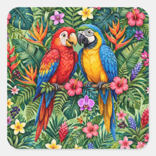 Jungle Ara's Vrolijke Papegaaien Levendige Bloemen Vierkante Sticker