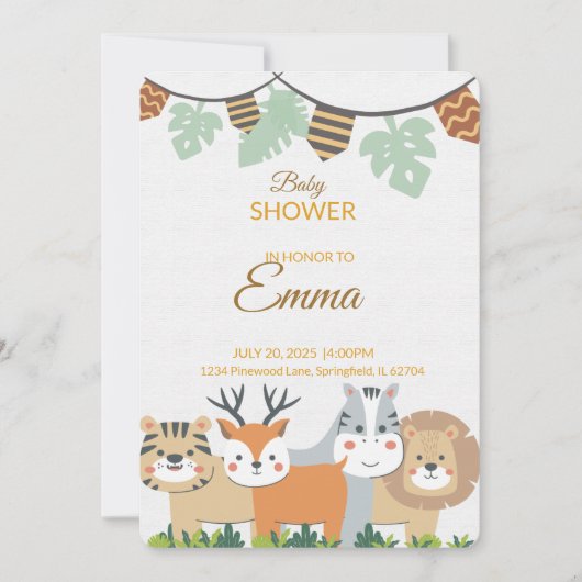 Jungle Baby Shower Invitation – Safari Animal Them Kaart (Voorkant)