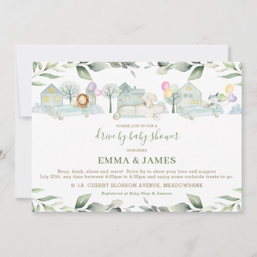 Jungle Dieren Auto's Groene Drive By Baby Shower Kaart (Voorkant)