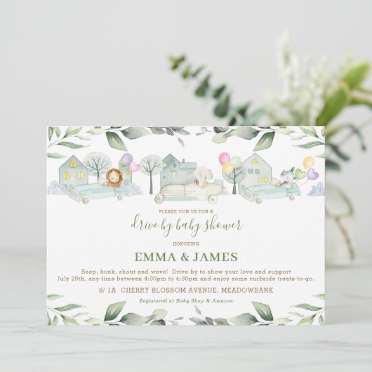 Jungle Dieren Auto's Groene Drive By Baby Shower Kaart (Staand voorkant)