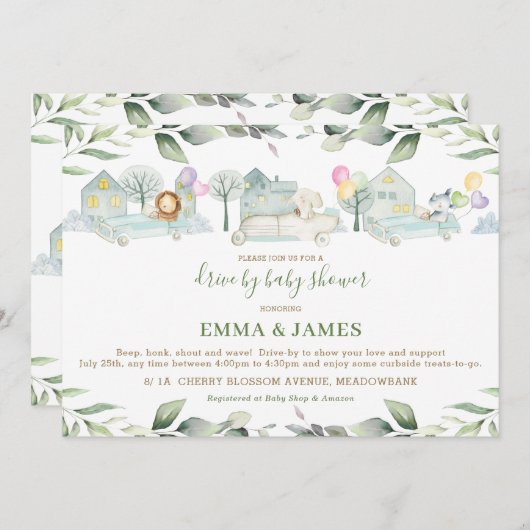 Jungle Dieren Auto's Groene Drive By Baby Shower Kaart (Voorkant / Achterkant)