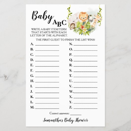 Jungle Dieren Baby ABC Baby Shower Spelkaart Flyer (Voorkant)