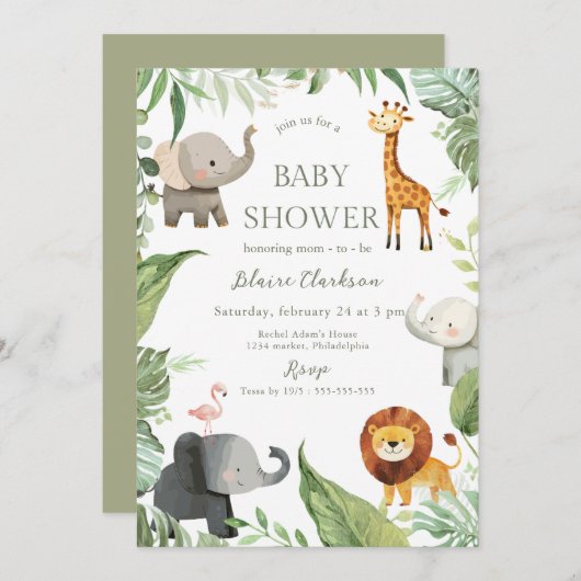 Jungle Dieren Baby Shower Uitnodiging (Voorkant / Achterkant)