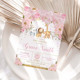Jungle Dieren Blush Roze Bloemige Baby Shower  Kaart