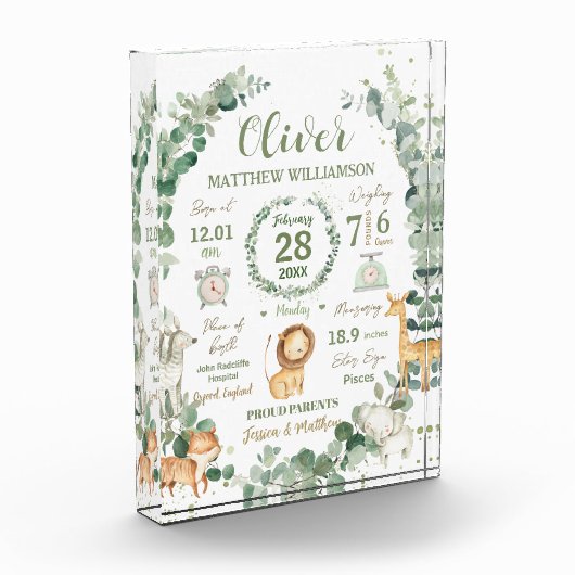 Jungle Dieren Groene Baby Geboorte Print Stats Fotoblokken (Links)