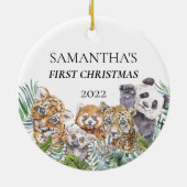 Jungle Dieren Knuffel Eerste Kerst Monogram Keramisch Ornament (Achterkant)