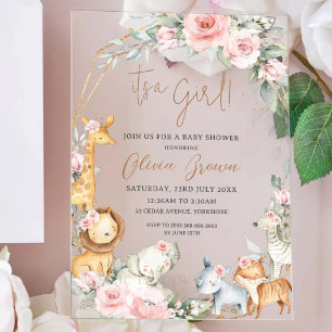 Jungle Dieren Roze Bloem Meisje Baby Shower  Acryl Uitnodigingen