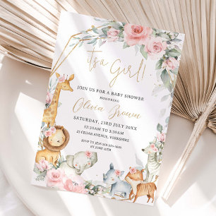Jungle Dieren Roze Bloem Meisje Baby Shower  Kaart