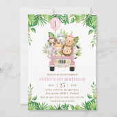 Jungle Dieren Roze Safari Auto Meisje 1e Verjaarda Kaart (Voorkant)