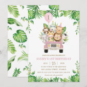 Jungle Dieren Roze Safari Auto Meisje 1e Verjaarda Kaart (Voorkant / Achterkant)