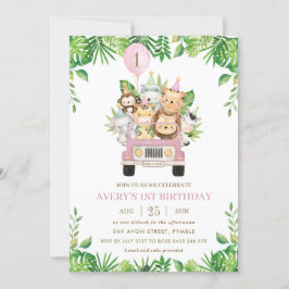 Jungle Dieren Roze Safari Auto Meisje 1e Verjaarda Kaart