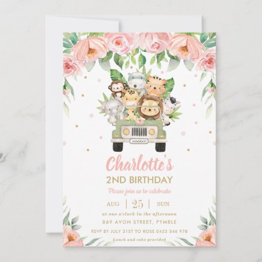 Jungle Dieren Safari Auto Roze Bloemenslingers Ver Kaart (Voorkant)