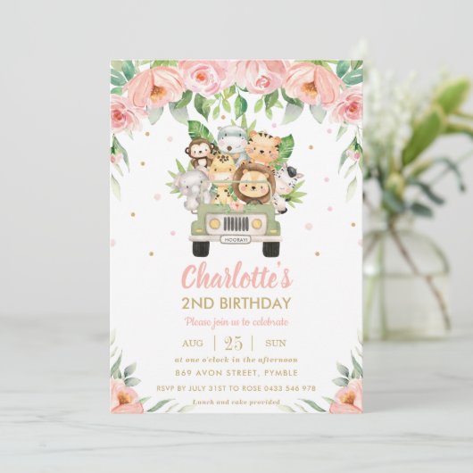 Jungle Dieren Safari Auto Roze Bloemenslingers Ver Kaart (Staand voorkant)