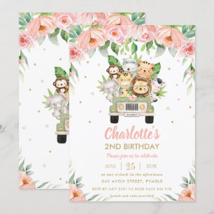 Jungle Dieren Safari Auto Roze Bloemenslingers Ver Kaart