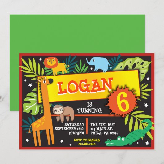 JUNGLE DIEREN SAFARI Verjaardagsfeest Uitnodiging (Voorkant / Achterkant)